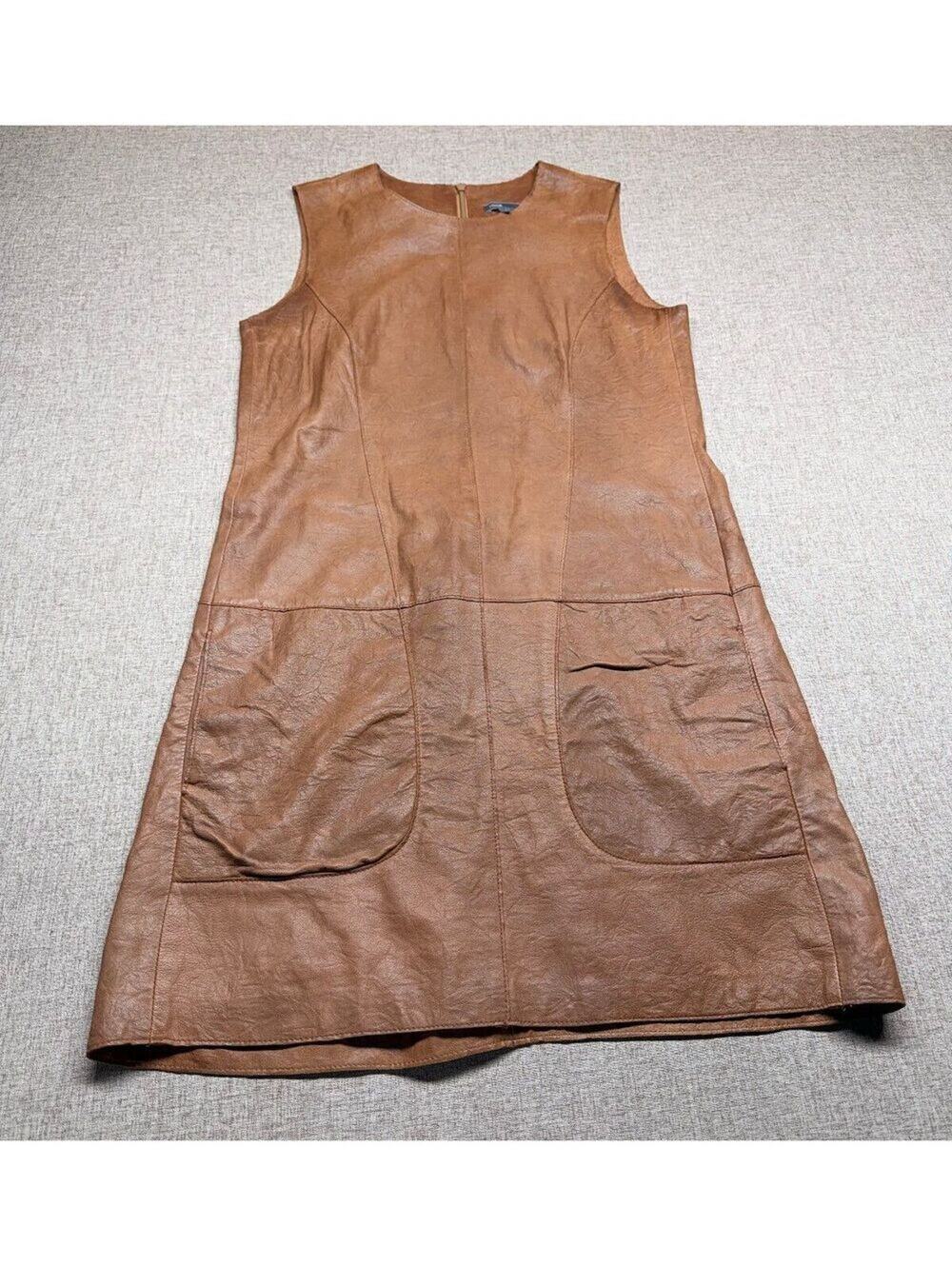 Vince Women's Brown Lambskin Leather Sleeveless Shift Dress Size 4 Retro Mod